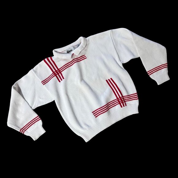Idioms Sweaters - Vintage 1980s Sweater White Red Stripes idioms Retro Preppy Size Medium Retro